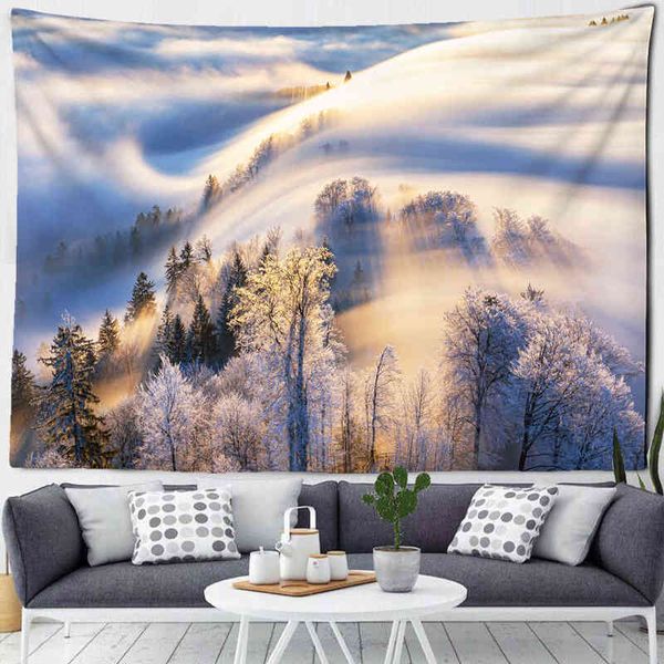 Snow Mountain Landscape Print Tapestry Forest Hippie Wall Rugs Bohemian Rugs Mandala Art Decor J220804