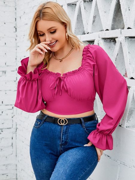 

plus frill trim knot front ruched bust flounce sleeve crop e97n#, Black