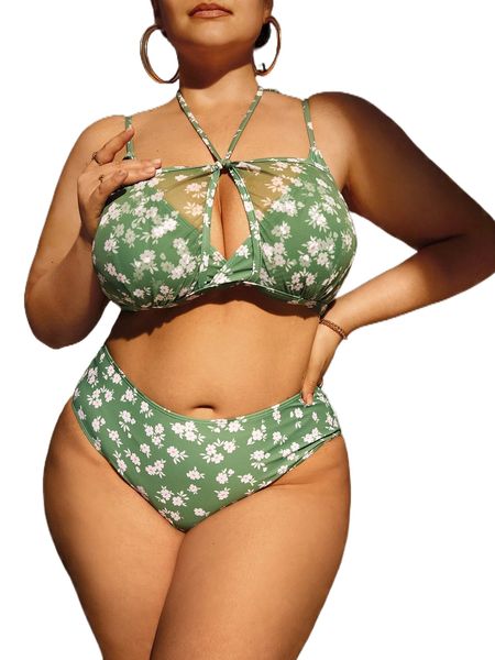 

plus ditsy floral print contrast mesh halter bikini swimsuit t6nf#, White;black