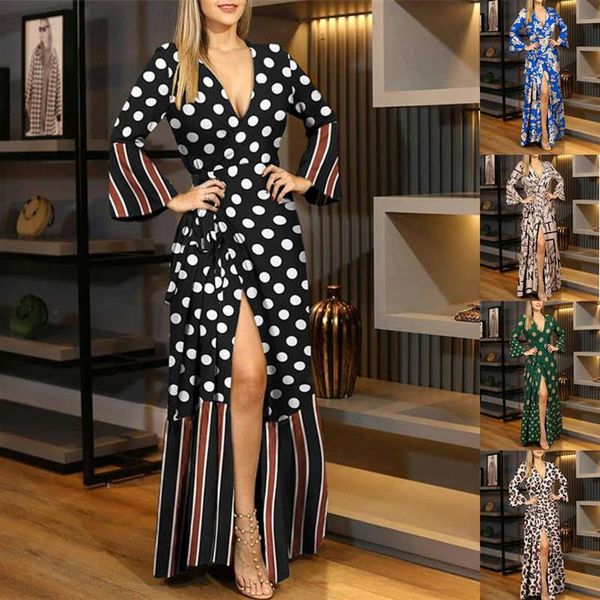 

casual dresses women's long sleeve bandage v-neck print dress aw213s, Black;gray