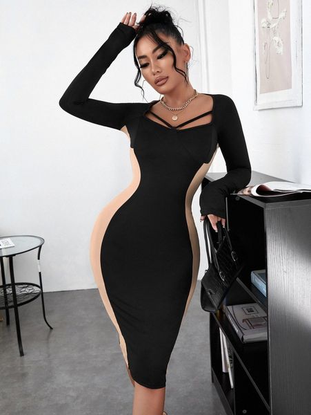 

sxy two tone cut out bodycon dress e9he#, Black;gray