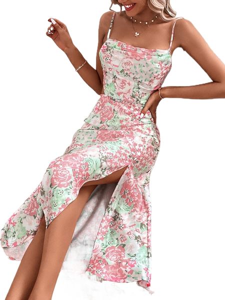 

allover floral print tie backless split thigh cami dress l5v9#, Black;gray