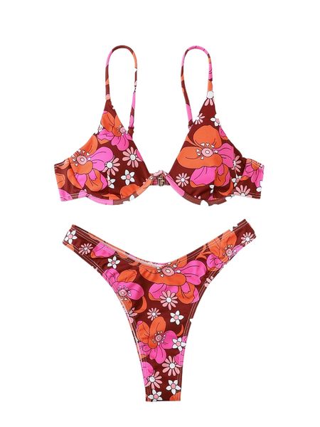 

floral print underwire bikini swimsuit n54e#, White;black