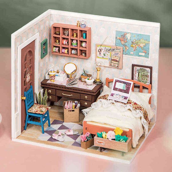 Robotime DIY Studio Schlafzimmer Esszimmer Haus mit Möbeln Kinder Puppenhaus Miniatur Puppenhaus Holz Kits Spielzeug DGM