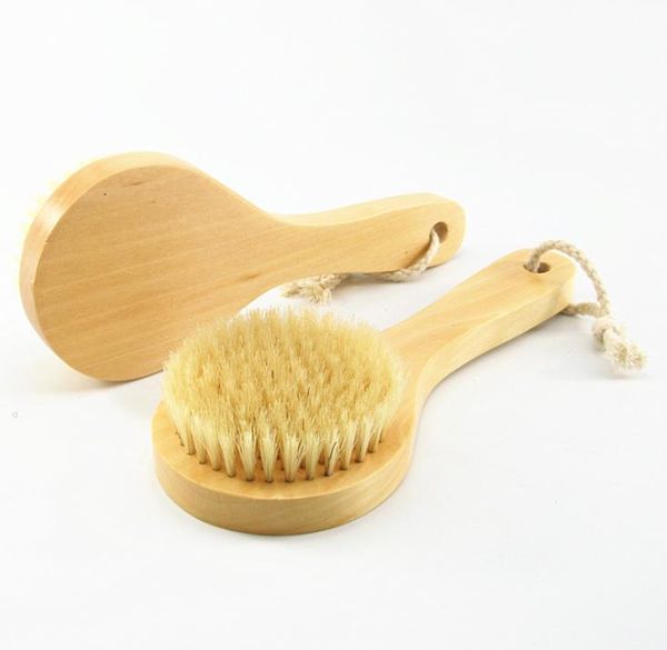 Ordini Pelle secca Spazzola per il corpo con manico corto in legno Setole di cinghiale Scrubber per doccia Esfoliante Ma