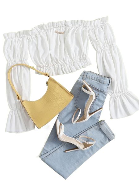 

off shoulder frill trim flounce sleeve crop n9uk#, White