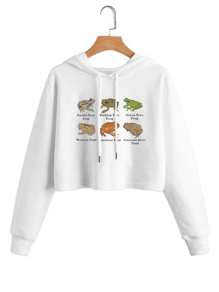 

frog and letter graphic drop shoulder drawstring crop hoodie l6mu#, Black