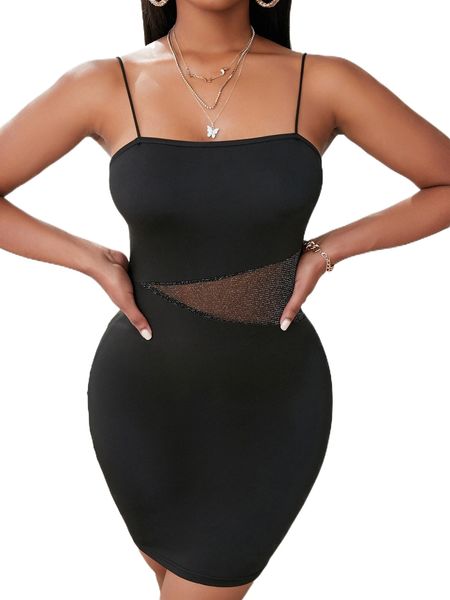 

mesh insert cami bodycon dress 99dt#, Black;gray