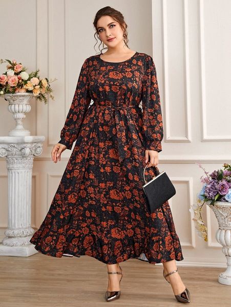 

plus floral print lantern sleeve ruffle hem belted dress l04f#, Black