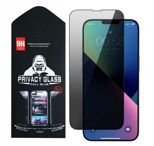 Protetor de tela de vidro temperado com privacidade para iPhone 14 13 12 11 Pro Max XR 7 8 Plus XS com pacote de varejo Anti -espi￣o Cobertura completa