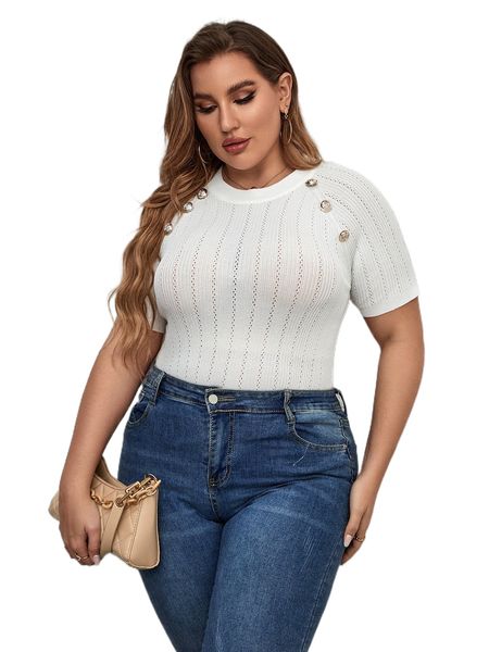 

plus button detail raglan sleeve pointelle knit b8nd#, Black