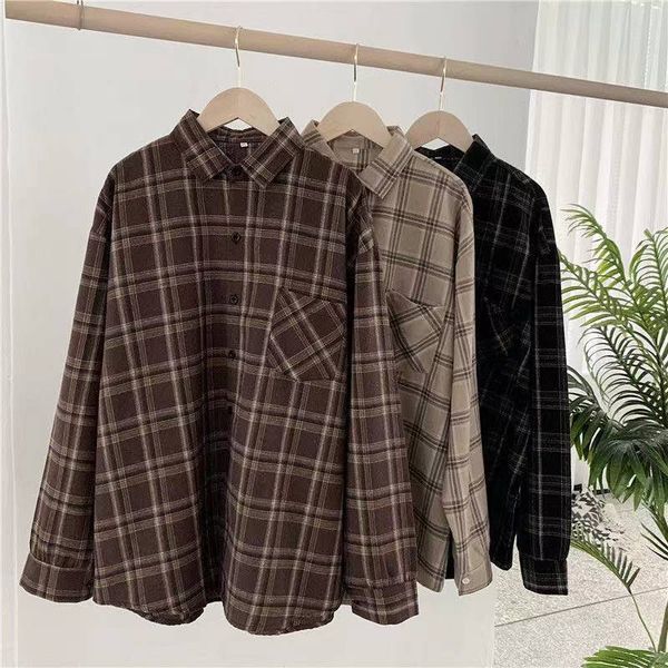 

vintage women plaid shirts loose oversize long sleeve button up fall shirt casual pocket female korean black, White