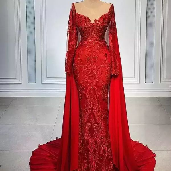 2023 Plus Size Arabisch Aso Ebi Rote luxuriöse Meerjungfrau-Abschlussballkleider Sheer Neck Lace Perlen Abend formelle Party Zweite Empfangskleider Kleid