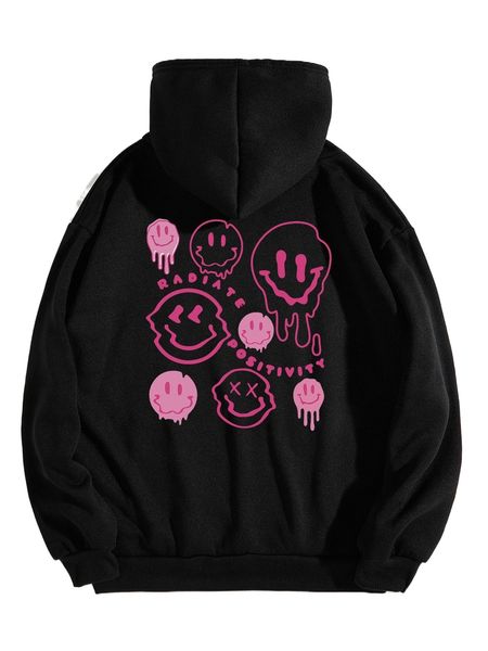 

letter & expression print drawstring thermal hoodie l1pz#, Black
