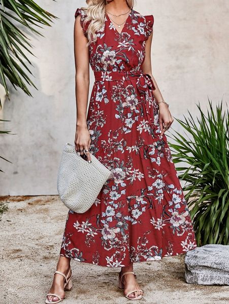 

floral print butterfly sleeve ruffle hem belted dress a76v#, Black;gray