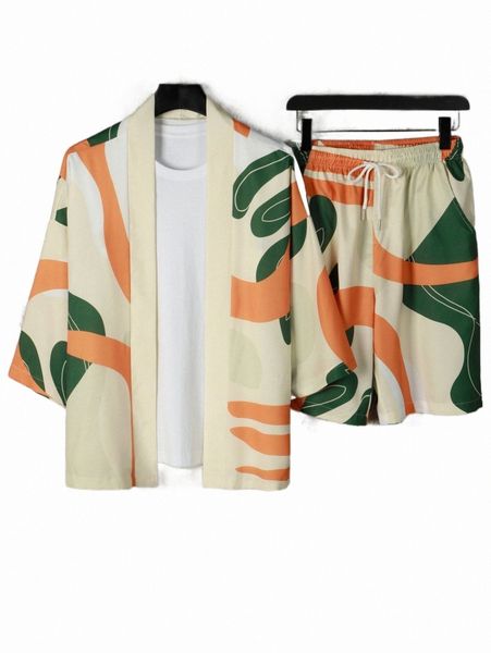 

men random print kimono & shorts without tee q8bd#, Gray