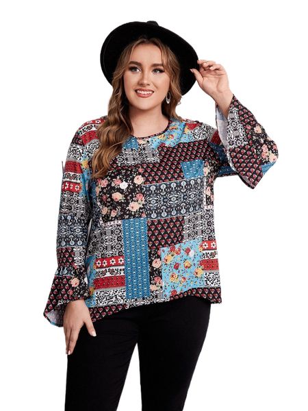 

plus patchwork print high low hem blouse g1rt#, Black