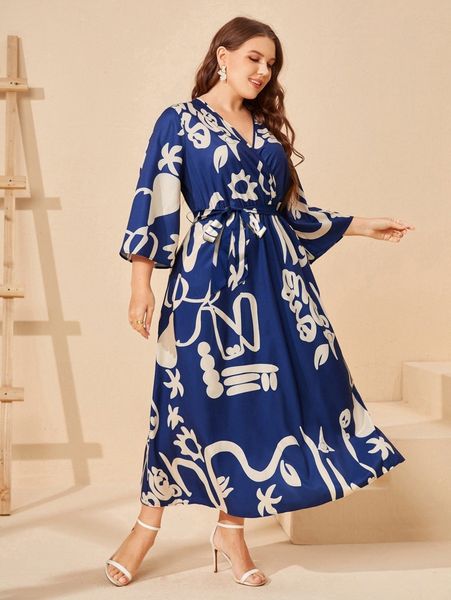 

plus graphic print surplice neck belted dress n7ki#, Black