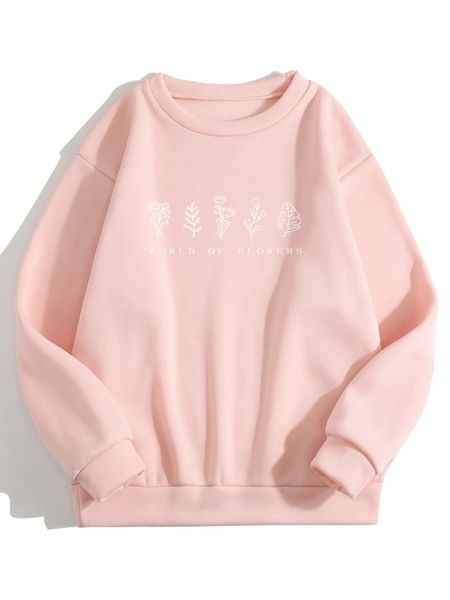 

slogan & floral print thermal pullover 91hj#, Black