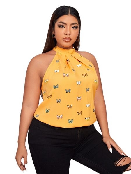 

plus butterfly print tie back halter s3hi#, Black