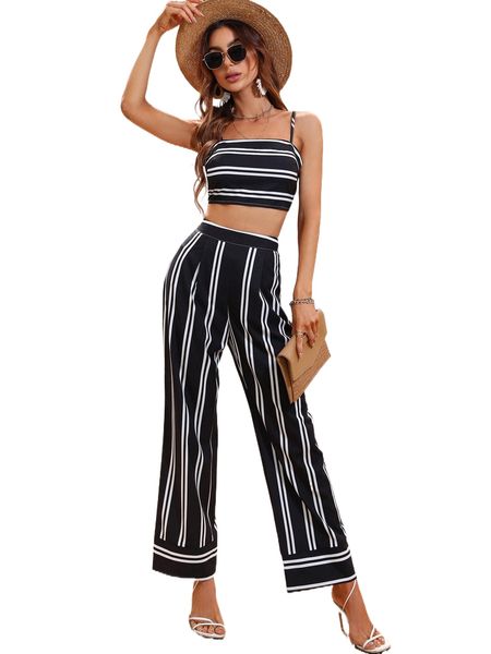 

striped tie back crop cami & wide leg pants k3g6#, White