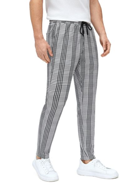 

men plaid drawstring waist tapered pants z4kr#, Black