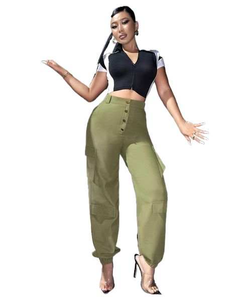 

sxy button fly flap pocket cargo pants f3rf#, Black;white