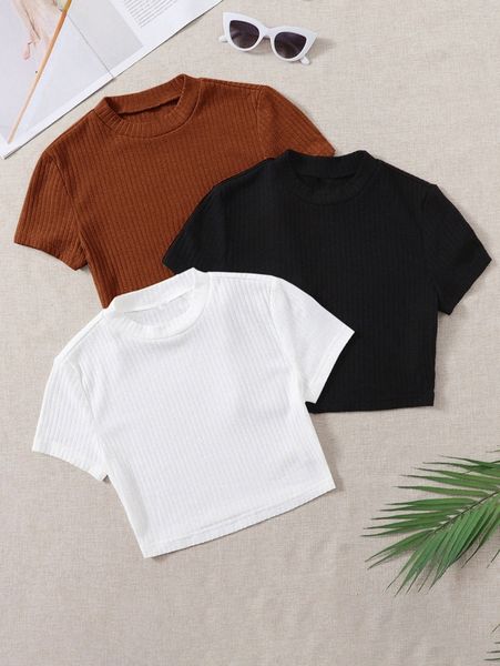 

3 pack solid rib-knit tee e53i#, White
