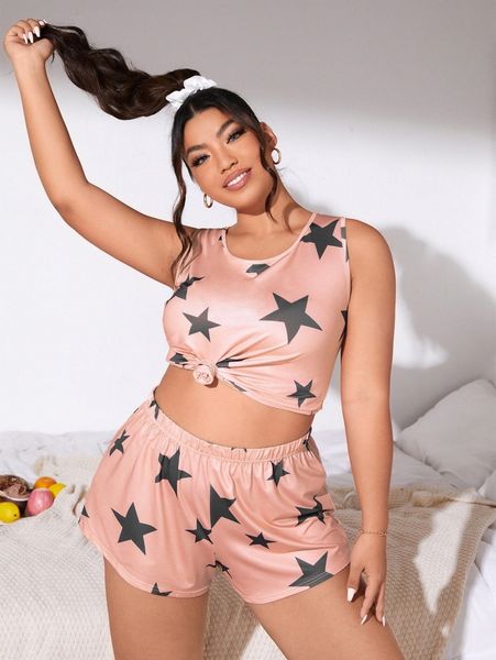 

plus star print pajama set 03zq#, Black;white