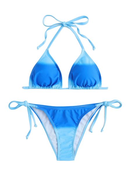 

ombre halter triangle tie side bikini swimsuit m4vr#, White;black