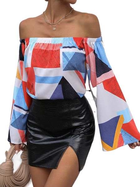

geo print off shoulder blouse 93ns#, White