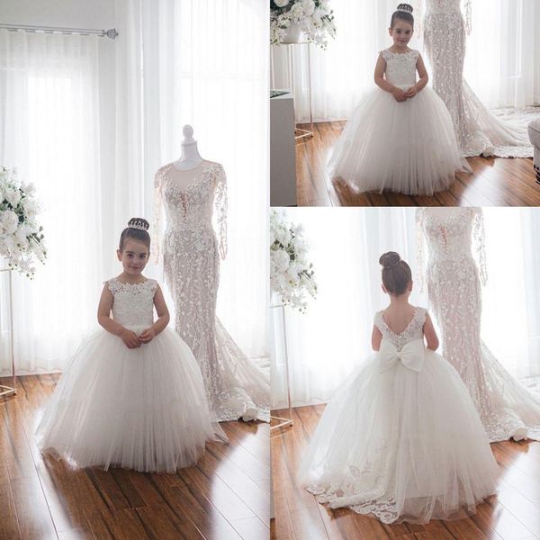 Cute White Lace Little Kids Little Girl Girl Dresses Princess Jewel Neck Tulle Applique