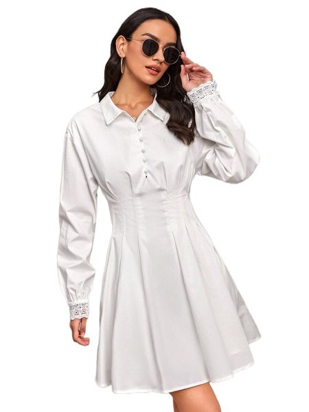 

guipure lace cuff lantern sleeve fold pleated dress 06en#, Black;gray