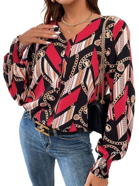 

geo & chain print lantern sleeve blouse y3yw#, White