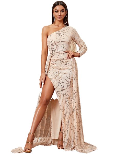 

missord one shoulder slit thigh contrast sequin formal dress y9nj#, Black;gray