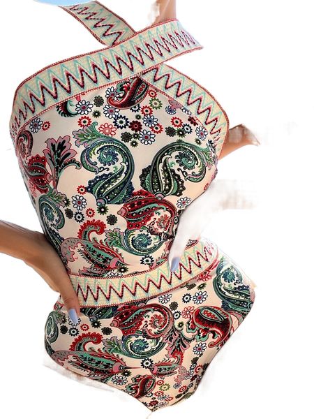 

paisley chevron stripe tape high neck one piece swimsuit z0rs#, White;black