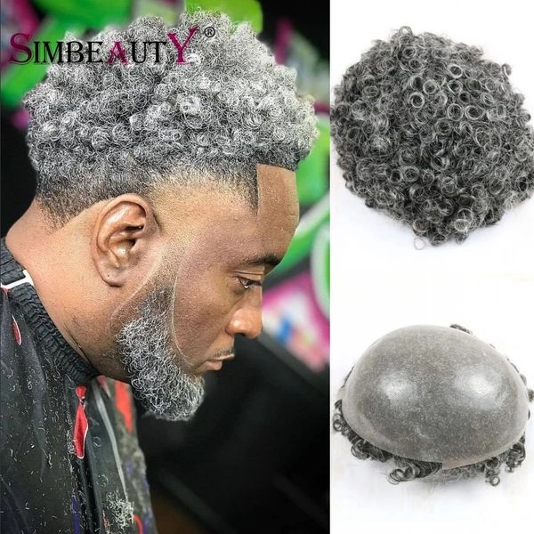 

#1b50 gray hair curly wig for black men super thin skin vlooped indian human hair toupee hairpiece replacement