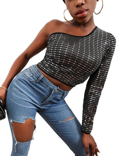 

one shoulder rhinestone crop g5zs#, White