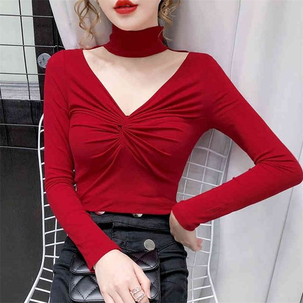 

jxmyy long-sleeved bottoming shirt for autumn and winter all-match tight-fitting big v-necked t-shirt retro slimming 210412, White