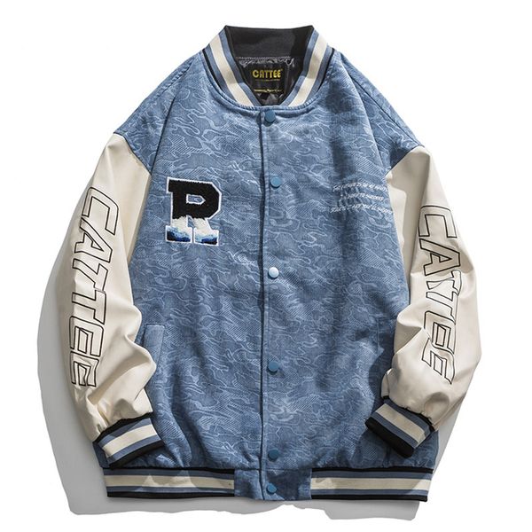 

leather splicing sleeve varsity bomber jacket men woman japanese harajuku casual baseball uniform couple wear teenagers fall 220805, Black;brown