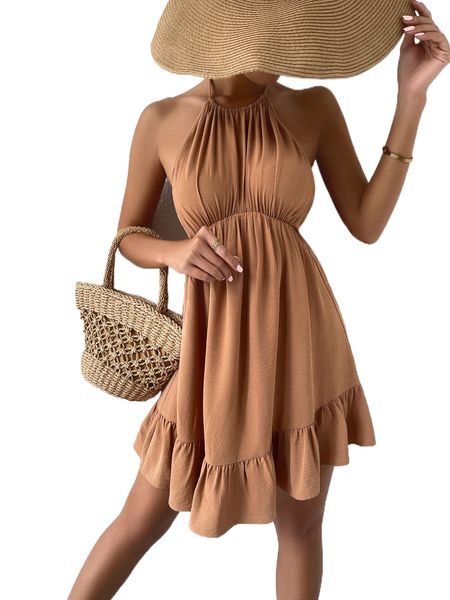 

halter neck ruched ruffle hem backless dress y0st#, Black;gray