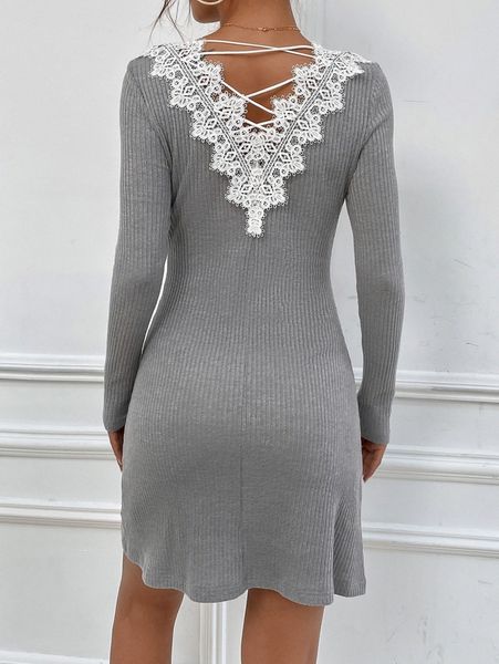 

guipure lace insert crisscross back dress 37gg#, Black;gray