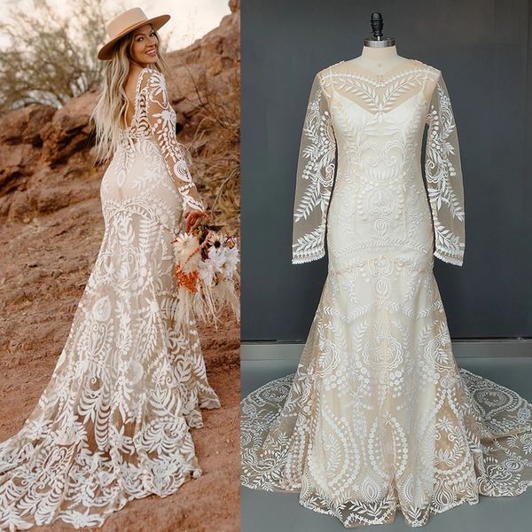 

beach v neck destination wedding dress champagne lining lace robe long sleeves illusion boho elopement mermaid bridal gown, White