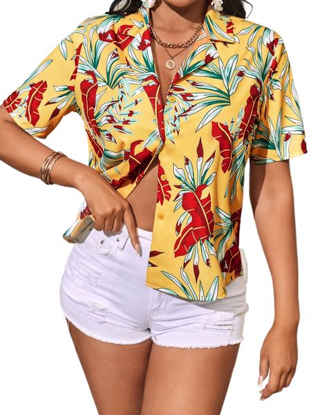 

tropical print lapel neck blouse j7w1#, White