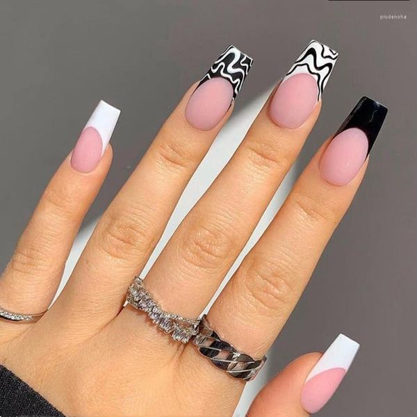 Unghie finte 24 pezzi / scatola French Black White Bara Nail Tips Press On Ballerina Geometry Falso con design Manicure Patch Prud22