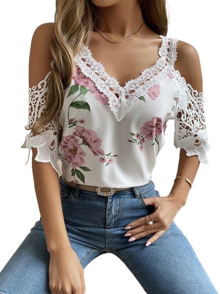 

cold shoulder floral print contrast lace blouse z3b5#, White