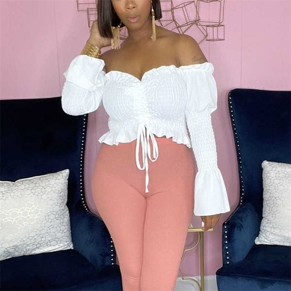 

flare sleeve off shoulder bandeau crop blouse shirt 210702, White
