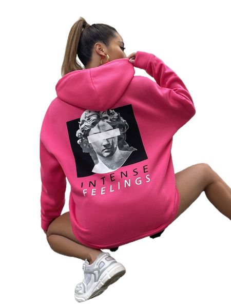 

figure & letter print drawstring hoodie b5ml#, Black