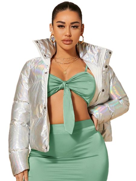 

sxy holographic zip up snap button puffer coat g9ar#, Black