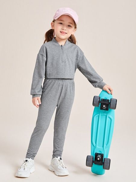 

toddler girls half zipper drop shoulder bomber pullover & pants she, White